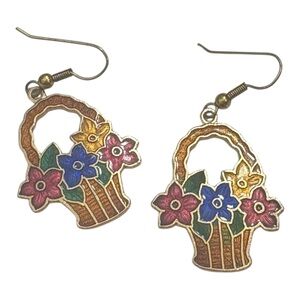 Vintage Cloisonné Enamel Flower Basket Earrings – Colorful Floral